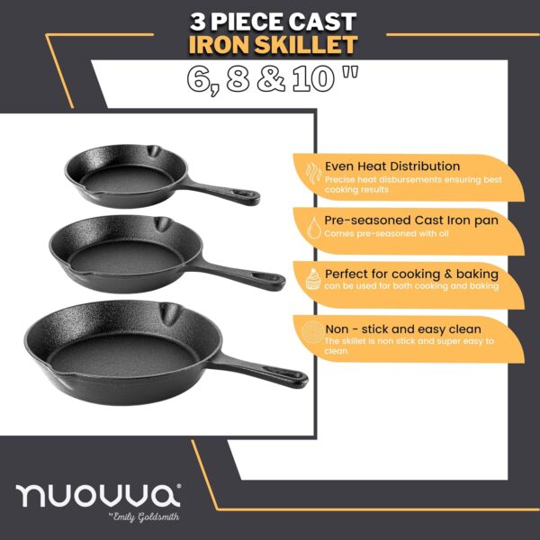 Nuovva Pre-Seasoned Cast Iron Skillet Frying Pan Set – Durable & Versatile Cookware - Image 3